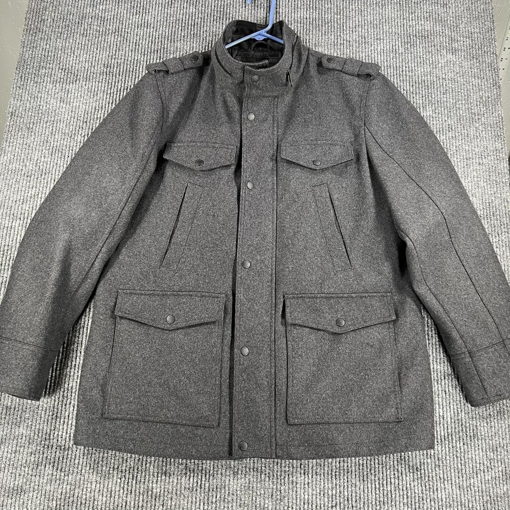 Guess Jacket Mens Large Gray Wool Military Epaulet Snap Quilted Lined Winter